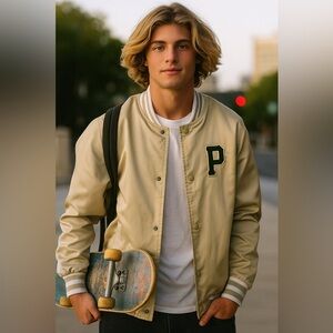 NWT Men’s Primitive Skateboarding Beige Satin Bomber Jacket Size Large L